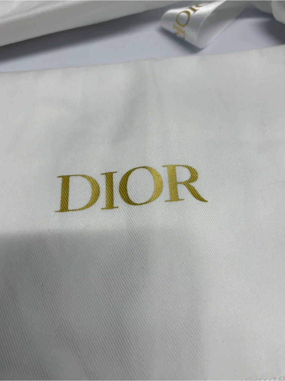 Dior White Satin Logo Dust Bag with Gold Print and Ribbon